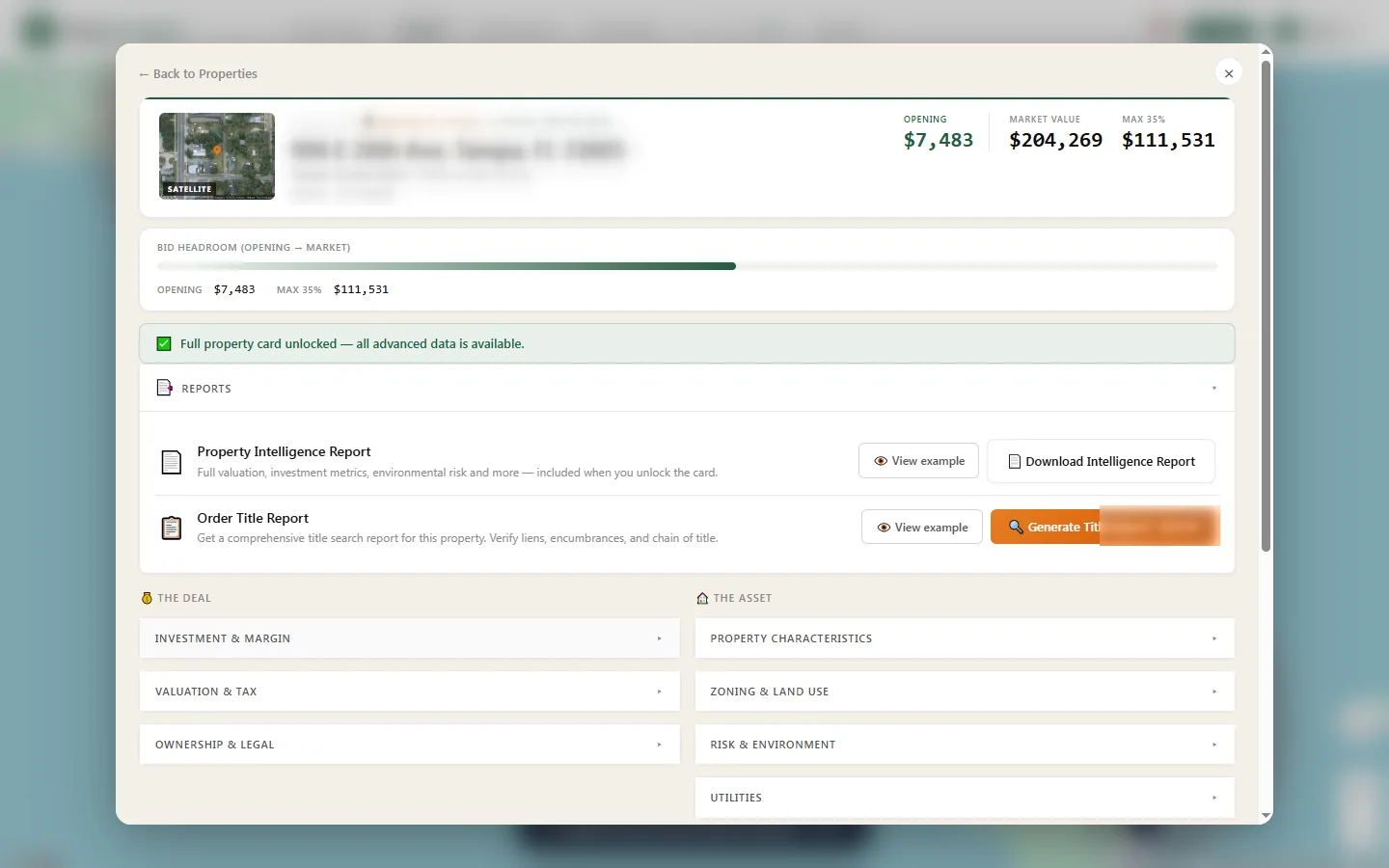 DeedToGo property file, unlocked: reports plus deal and asset data